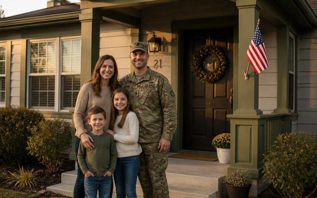 Veteran family standing on the porch of their home